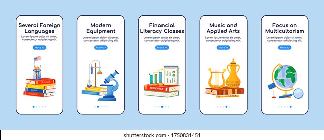 School subjects onboarding mobile app screen flat vector template. University classes. Walkthrough website steps with characters. UX, UI, GUI smartphone cartoon interface, case prints set
