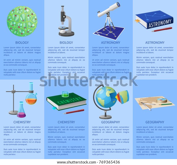 School subjects poster with molecule\
model, modern optical devices, thick textbooks, glass flasks, globe\
model and world map vector\
illustrations.