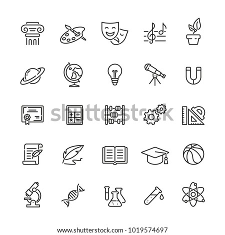 School subjects related icons: thin vector icon set, black and white kit