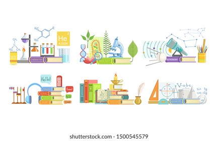 Conjunto de temas escolares, química, biología, astronomía, lengua extranjera, literatura, ilustración de vectores geométricos