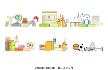 School Subjects Set. History, Drafting, Music, Anatomy, Drawing, Sport Vector Illustration.