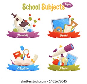 School subjects set include vector cartoon elements: molecule, microscope, flask, computer, book, ruler, telescope, apple, pencil, magnet, light. Maths, chemistry, literature, physics.