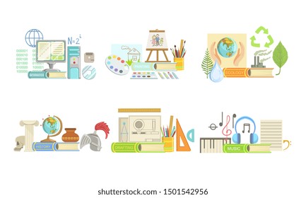 School Subjects Set, Informatics, Ecology, Drafting, Painting, Geography, History, Music. Vector Illustration.