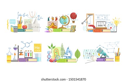 School Subjects Set, Math, Geography, Physics, Chemistry, Biology, Astronomy. Vector Illustration.