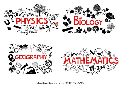 School subjects set. Sciences lessons. Geography, physics,  math,  biology icons for students curriculum. Flat vector illustration isolated on white background