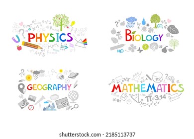 School subjects set. Sciences lessons. Geography, physics,  math,  biology icons for students curriculum. Colored flat vector illustration isolated on white background