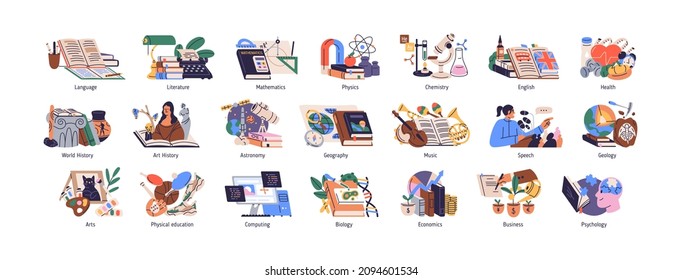 School subjects set. Sciences, music and art lessons. Geography, physics, history, math, astronomy, biology icons for students curriculum. Colored flat vector illustration isolated on white background - Shutterstock ID 2094601534