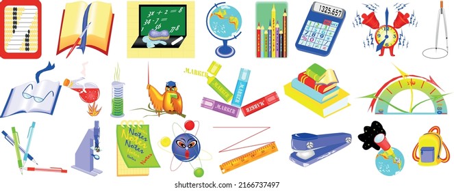 School subjects set. Sciences, music and art lessons. Geography, physics, history, math, astronomy, biology icons for students curriculum. Colored flat vector illustration isolated on white background