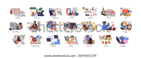 School subjects set. Sciences, music and art\
lessons. Geography, physics, history, math, astronomy, biology\
icons for students curriculum. Colored flat vector illustration\
isolated on white\
background