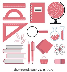 School subjects set of vector elements. Pink girly school elements. Back to school.