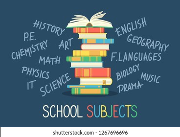 School subjects. Stack of books with hand written school subjects 