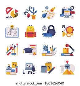 School Subjects Supplies Set, Education Symbols, Schooling and Learning Elements, Back to School Concept Flat Style Vector Illustration