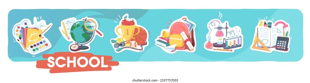 School subjects supplies stickers set. Painting, geography, physical education, literature, chemistry, math, geometry. Books, backpack equipment. Knowledge, study concept flat vector illustration