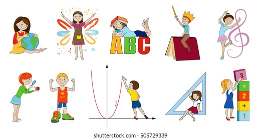 School subjects vector cartoon illustration, Math and english, music and art, science and physical education