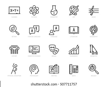 School Subjects Vector Icon Set In Thin Line Style