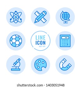 School subjects vector line icons set. Mathematics, physics, chemistry, sport, art, geography outline symbols. Modern simple stroke graphic elements. Round icons