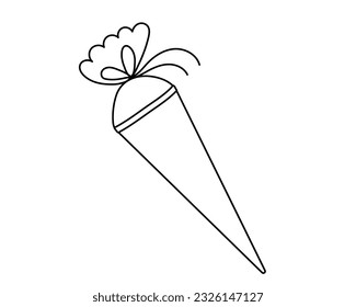 School sugar cone.Back to school,zuckertute for students or firts grader children.Simple line vector illustration in black and white for color pages