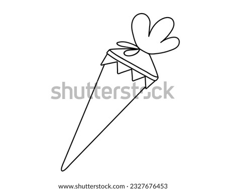 School sugar cone.Back to school,zuckertute for students or firts grader children.Simple line vector illustration in black and white for color pages