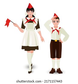 School suit of the pioneers of the times of the USSR. The girl is holding a red flag in her hand and a little boy with a red tie and cap. Vector historical fashion illustration.