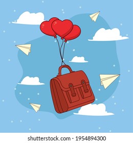 School suitcase with hearts balloons