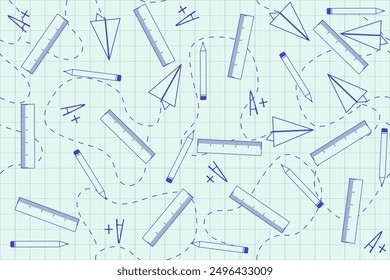 School suplies seamless pattern. Design fabric bed linen print with paper airplane and School tools. Simple Doodle vector illustration can used web design in children room. EPS 10