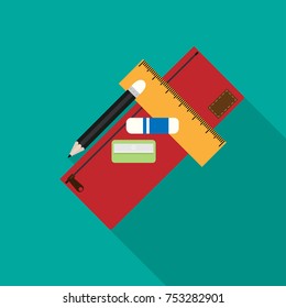 School supplier set (Pencil, Pencil case, Pencil sharpener, Eraser and Ruler) flat vector design. Concept of back to school.