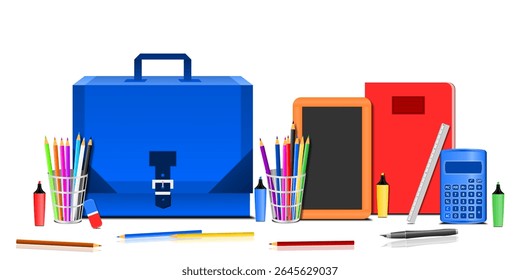 School supplies with a 3D blue school bag on a transparent background