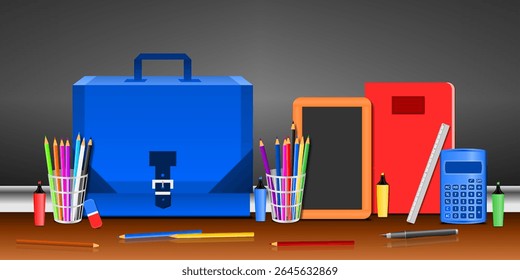 School supplies with a 3D blue school bag placed in front of a school blackboard