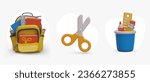 School supplies, 3D icon set. Open yellow backpack with stationery, scissors, pen holder. Vector objects with shadows. Back to school. Illustrations for web design