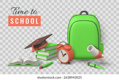 School Supplies 3D Illustration with Backpack, Alarm Clock, Books, and Graduation Cap on Transparent Background. Education, Learning, Back to School Theme. Vector Illustration.