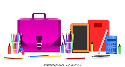 School supplies with a 3D pink school bag on a transparent background