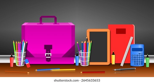 School supplies with a 3D pink school bag placed in front of a school blackboard