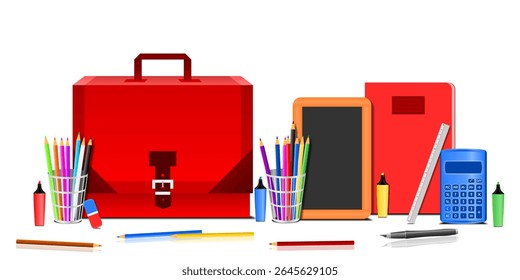School supplies with a 3D red school bag on a transparent background