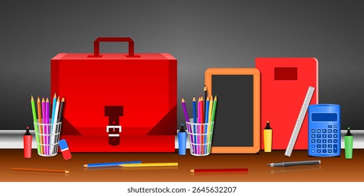 School supplies with a 3D red school bag placed in front of a school blackboard