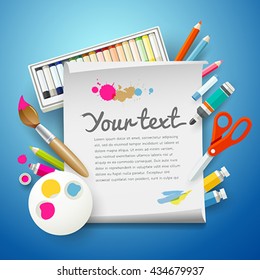 School Supplies Art and empty white paper on blue background, vector illustration