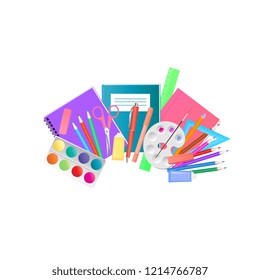 School supplies and art materials for drawing acrylic paints, brushes, palettes.