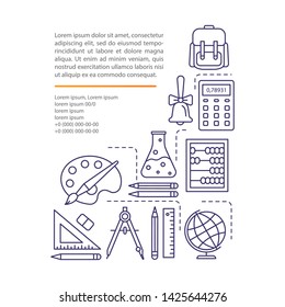 School supplies article page vector template. Stationery and equipment. Brochure, magazine, booklet design element with linear icons and text boxes. Print design. Concept illustrations with text space