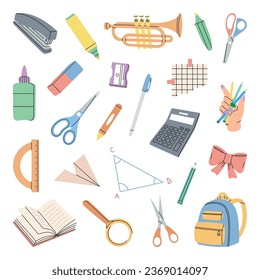 School supplies assortment. Office stapler, scissor, ruler scale, calculator, schoolbag, bottle of glue, marker pens, magnifying glass. Back to school