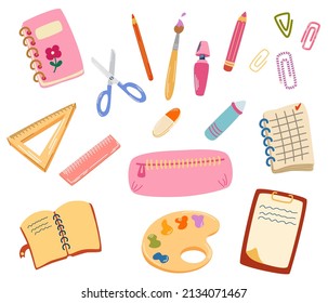 School supplies. Back to school. Big set of hand draw school items. Books, pencils, pens, notebooks, erasers, paper, clips, globe, backpack. Study. Vector illustration