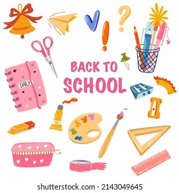 Schulbedarf. Zurück zur Schule. Große Handschuhe zeichnen Schulartikel. Bücher, Stifte, Stifte, Notebooks, Radierer, Papier, Clips, Globus, Rucksack. Lernen. Vektorgrafik