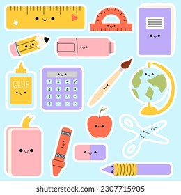 School supplies. Back to school. Big stickers set of hand draw school items. Books, pencils, pens, notebooks, erasers, paper, glue, globe, ruler with happy face. Study.