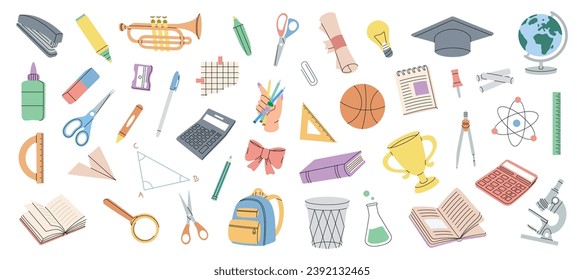 Suministros escolares. De vuelta a la escuela. Tapa de graduación, baloncesto, microscopio, tubo de ensayo, lápiz, clip de papel, globo, tijeras, escala de regla, calculadora.