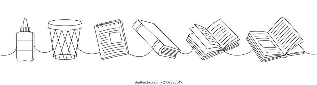 School supplies. Back to school one line continuous drawing. Opened and closed books, glue bottle, trash can, notebook one line illustration.