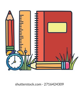 Útiles escolares, de vuelta a la escuela. Lápiz, lápices de colores, libro, cuaderno, reloj, Regla. Conjunto de escuela