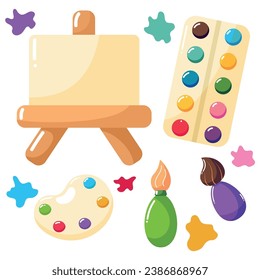 School supplies, back to school set with drawing materials. Easel, paint brush, color palette, paints, gouache. Vector
