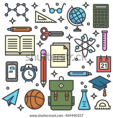 School supplies background with colored icons.