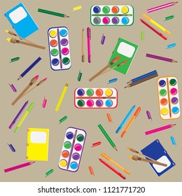 School supplies, background, colored. Tools, objects, texture