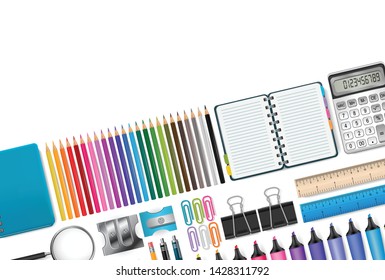 School supplies background with free space for text. Bright colors. Education concept. Vector illustration.