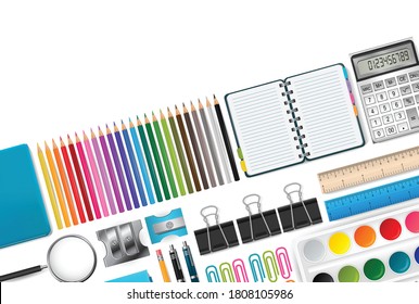 School supplies background with free space for text. Bright colors. Education concept. Vector illustration.