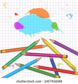 School supplies background with heap of realistic colorful pencils isolated on white background with grid pattern and paint splashes. Back to school design element for banner, poster, flyer